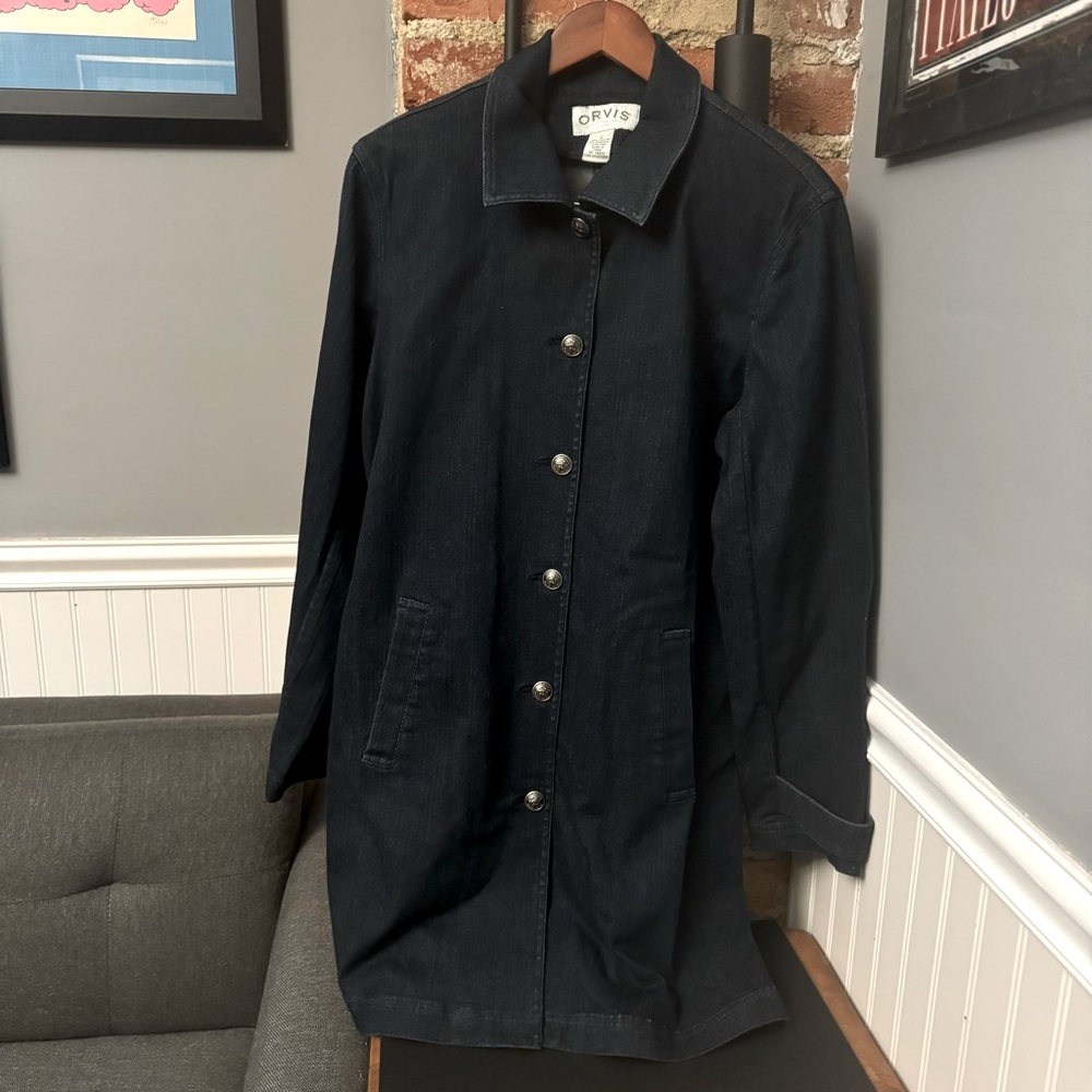 Orvis Women’s Long Denim Jacket Gold Buttons Pockets Size Small